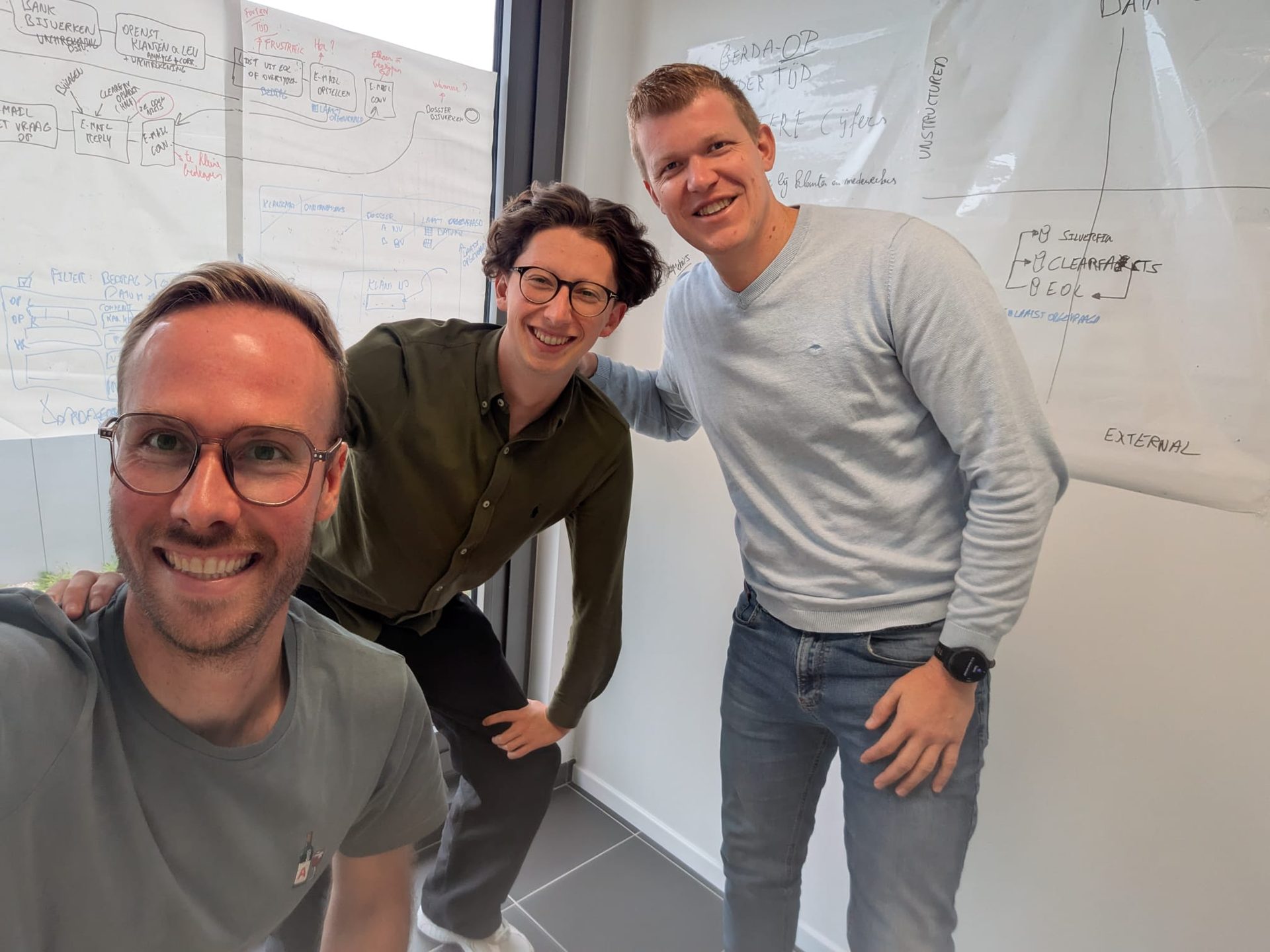 Drie mensen lachend voor whiteboards vol uitgetekende processen.